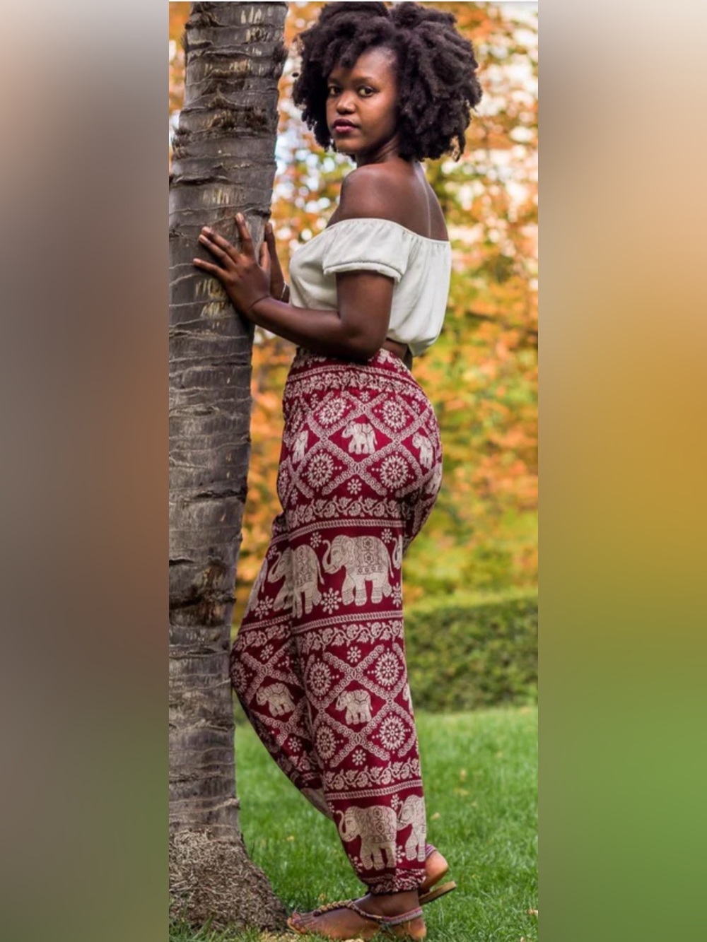 Boho Elephant Print Maroon Elastic-Waisted Pants with Tie